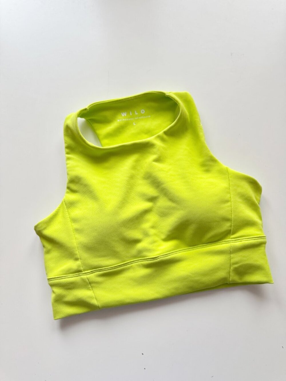 WILO Neon Yellow Based Ribbed Performance Racerback Sports Bra Top, Size L - Picture 2 of 14